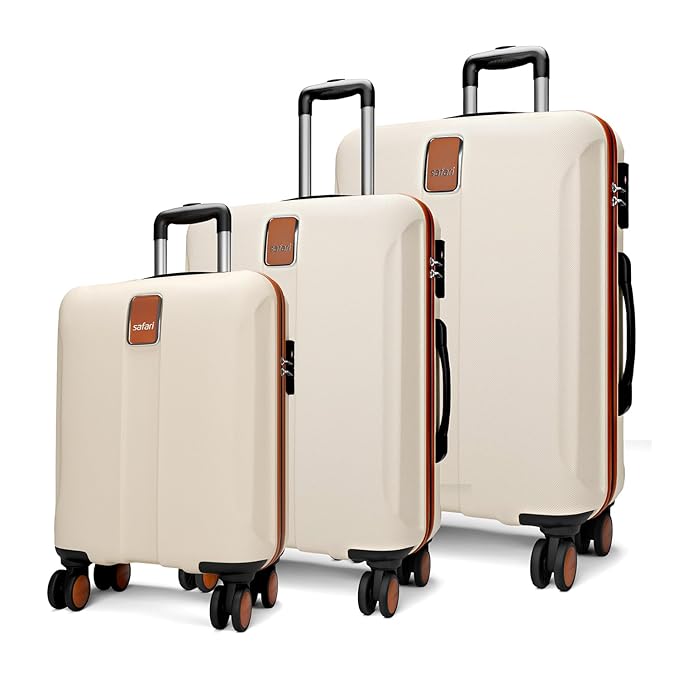 Safari Thorium Royale 8 Wheels Set of 3 Trolley Bags Hard Case Polycarbonate Luggage, TSA Lock, Wet Pouch Organized Interior, Suitcase for Travel, Trolley Bags for International Travel, Vanilla Tan