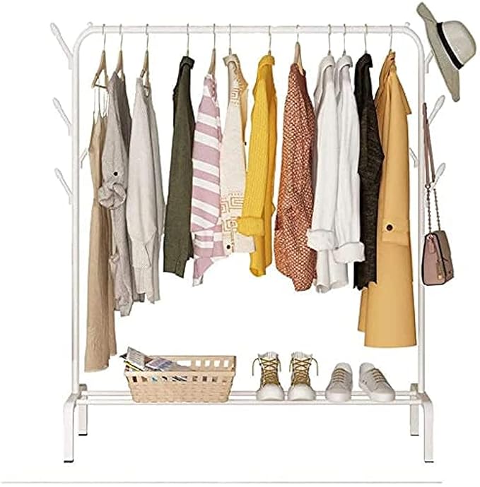 Lukzer Metal Single Garment Stand with Bottom Shelves  -  Freestanding Clothes Storage Organizer with 4 Hooks  -  Heavy-Duty Coat Rack for Bedroom, Hallway, Office & More (White, 40x110x148cm, MGS-001)