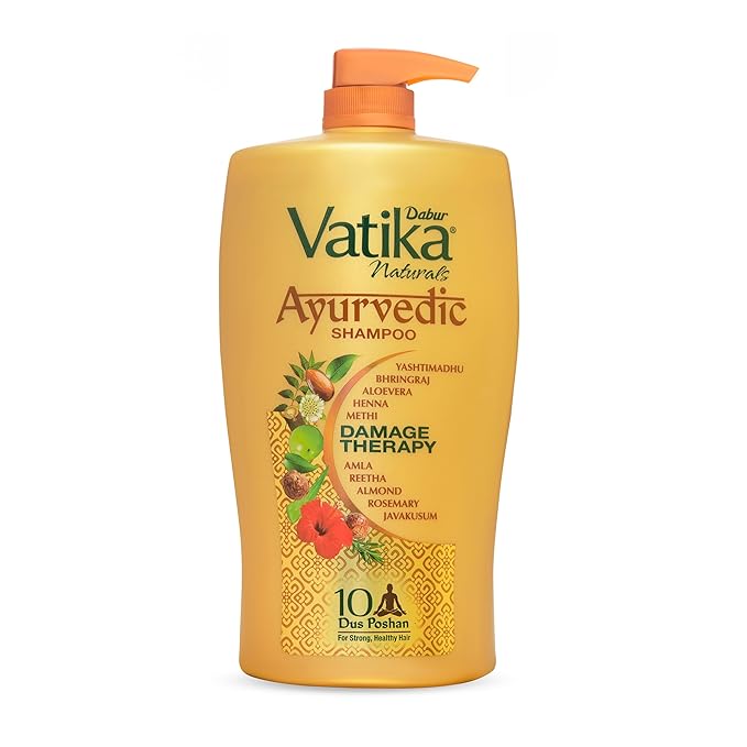 Dabur Vatika Ayurvedic Shampoo - 1L | Damage Therapy | With Power of 10 ingredients for solving 10 hair problems| No Parabens | For all hair types