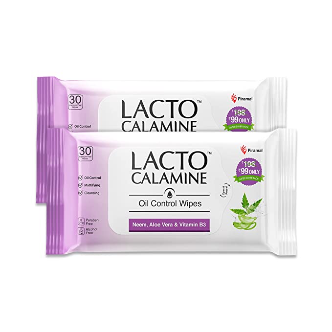 Lacto Calamine Oil Control Face Wipes with Neem, Vitamin B3 and Aloe Vera, No Parabens, Alcohol Free, White, 30 Count