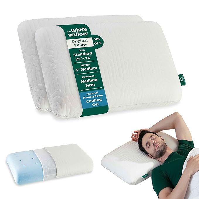 [Size: Standard - Medium] - The White Willow Memory Foam Set of 2-Cool Gel Pillow for Neck & Shoulder Pain-Cervical Pillow for Sleeping-Orthopedic for Back, Side & Stomach Sleepers-Medium Firm-Standard-4" H-Classic White