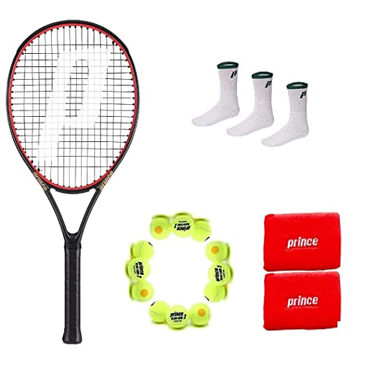 Prince Tennis Racket Beast 26,Prince-Stage 2-Orange-Std Tennis Ball 1 DOZ with Wristband RED/WHTand prince crew white socks