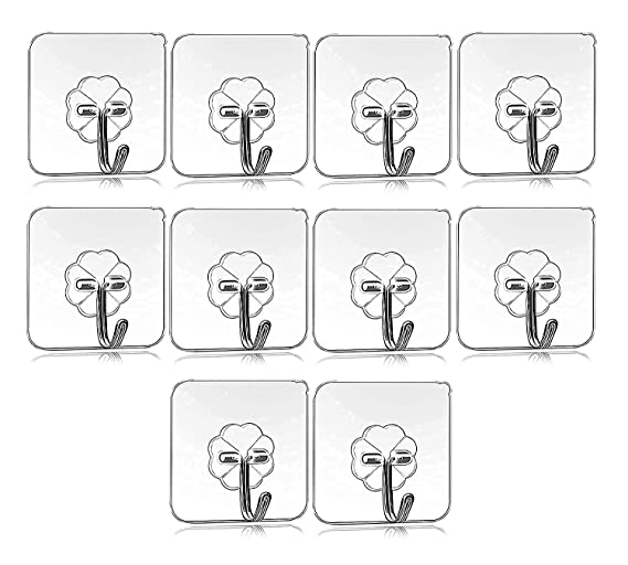 RAXON" Self Adhesive Wall Hooks, Heavy Duty Sticky Hooks for Hanging 10KG (Max), Waterproof Transparent Adhesive Hooks for Wall (Pack of 10)