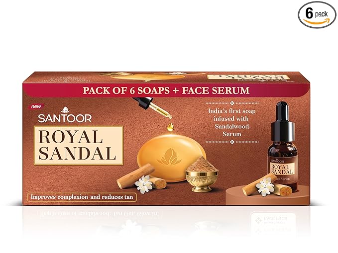 Santoor Royal Sandal Soap & Face Serum | Infused with Sandalwood Serum | Tan Removal | 100% Pure Sandalwood Oil & Powder | Helps Reduce Tan for Even-Toned, Glowing Skin | 125g x 6 Soaps + 15ml Serum