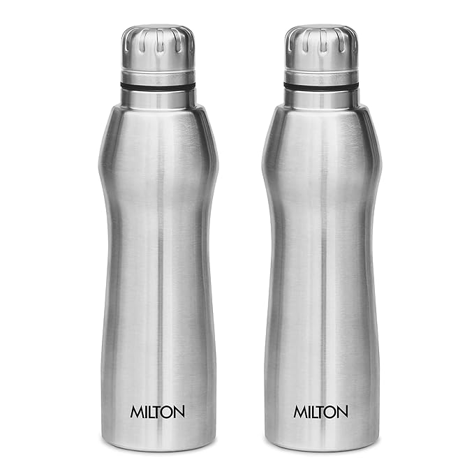 MILTON Elate 1000 Stainless Steel Water Bottle 840 ml, Set of 2, Single Walled, ISI Certified I Leak Proof Lid, Rust Proof I For School, Office, Gym I Silver