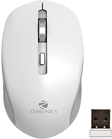 ZEBRONICS Zeb-Jaguar Wireless Mouse, 2.4GHz with USB Nano Receiver, High Precision Optical Tracking, 4 Buttons, Plug & Play, Ambidextrous, for PC/Mac/Laptop (White+Grey)