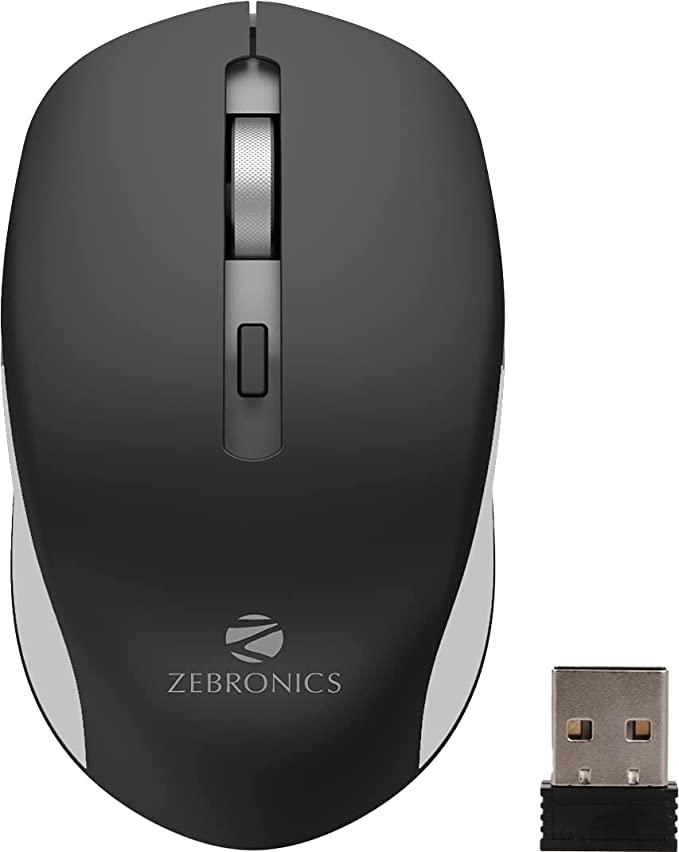 ZEBRONICS Zeb-Jaguar Wireless Mouse, 2.4GHz with USB Nano Receiver, High Precision Optical Tracking, 4 Buttons, Plug & Play, Ambidextrous, for PC/Mac/Laptop (Black+Grey)