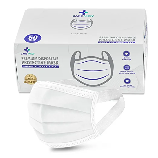 Careview 3 Ply Disposable Surgical Face Mask Box with FABRIC Earloop and built in Nose Pin , Certified by BFE>99% and PFE > 95%, SITRA, DRDO, ISO and CE (Pack of 50, WHITE)