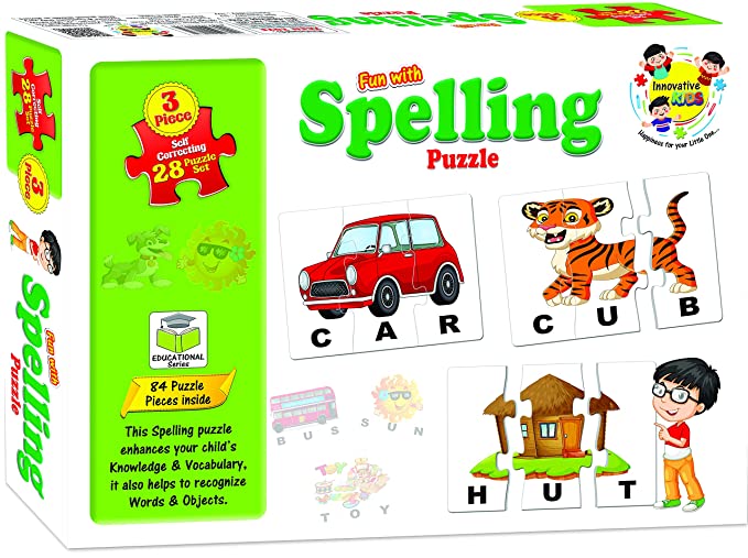 Educational Spelling Puzzle, 3 Self Correcting 28 Pieces Puzzle Set for Growing Kids
