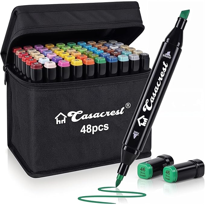 Dual Tip Alcohol Markers-48 Colours with Carrying Case for Sketching Calligraphy Drawing- Odorless, Non-Toxic, Acid-Free Twin Head Colouring Marker for Kids Birthday Return Gift, School Supply Set