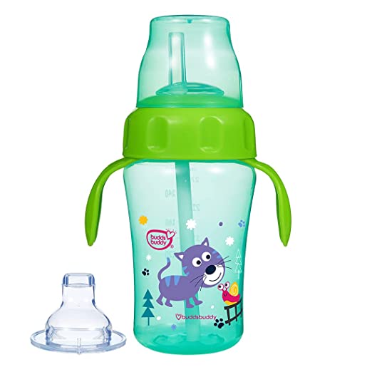 Buddsbuddy BPA Free Anti Spill Design Momo 2 in 1 Baby Sipper (Spout + Straw) Cup (Green, 300 ml)