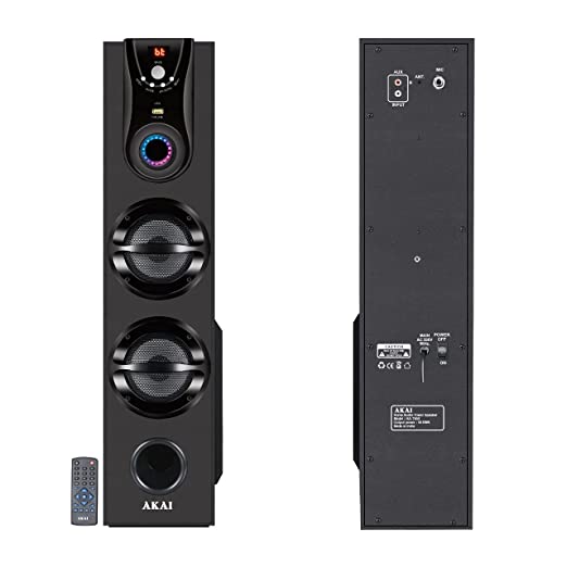 Akai HA-TS50 50W Bluetooth Tower Speaker Wooden Cabinet Subwoofer Echo Sound Control Full Control Remote Led Display USB FM Party Speaker Home Theatre Extreme bass Karaoke Support. (HA-TS50)