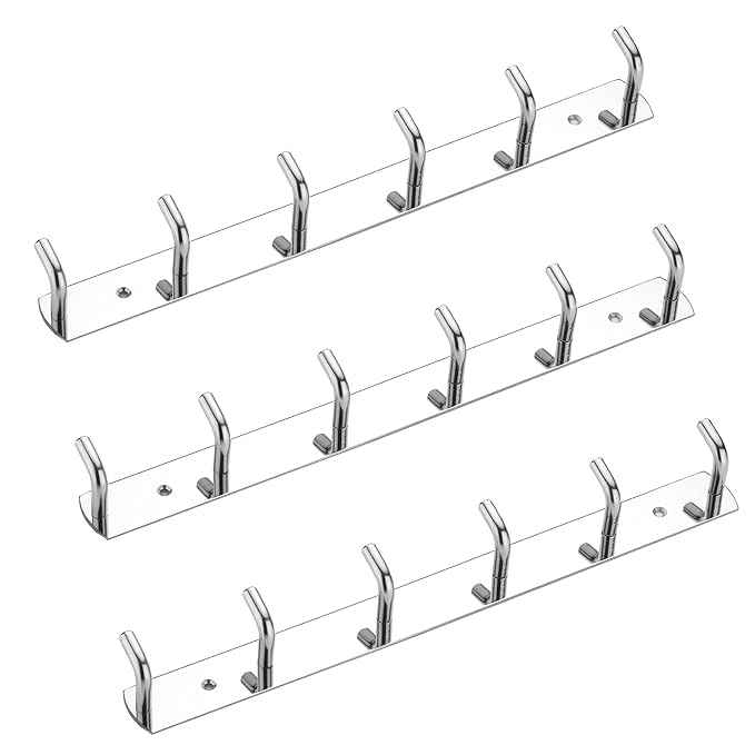 iSTAR Stainless Steel 6 Pin Bathroom Cloth Hooks Hanger Door Bathroom Robe Hooks Rail for Hanging Keys,Clothes,Towel Steel Hook (Silver) (Pack of 3)