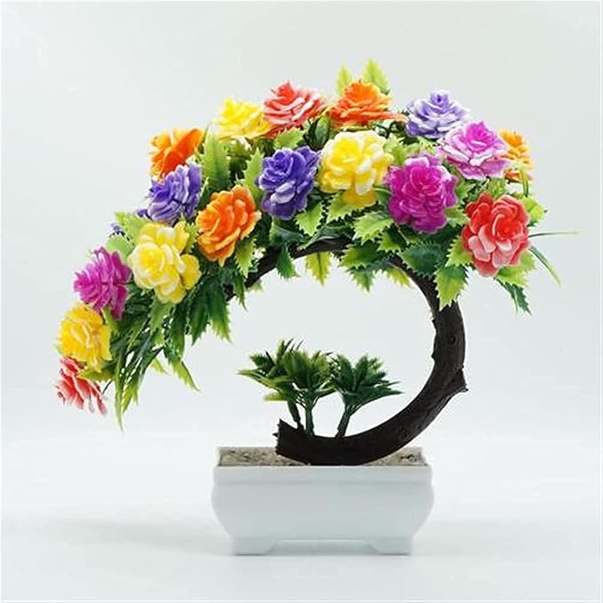 Dekorly Plastic Small Artificial Bonsai Tree Fake Artificial Plant Potted House Plants Japanese Pine Bonsai Plant Faux Bonsai For Home Indoor Decoration Office(Multi-B)