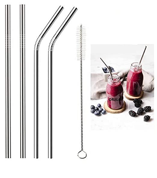 ORJILO Reusable BPA-Free Metal, Thick, Long, Dishwasher Safe Stainless Steel Drinking Straws, 8.5 Inches (2 Straight, 2 Bend and 1 Cleaning Brush) - Set of 4