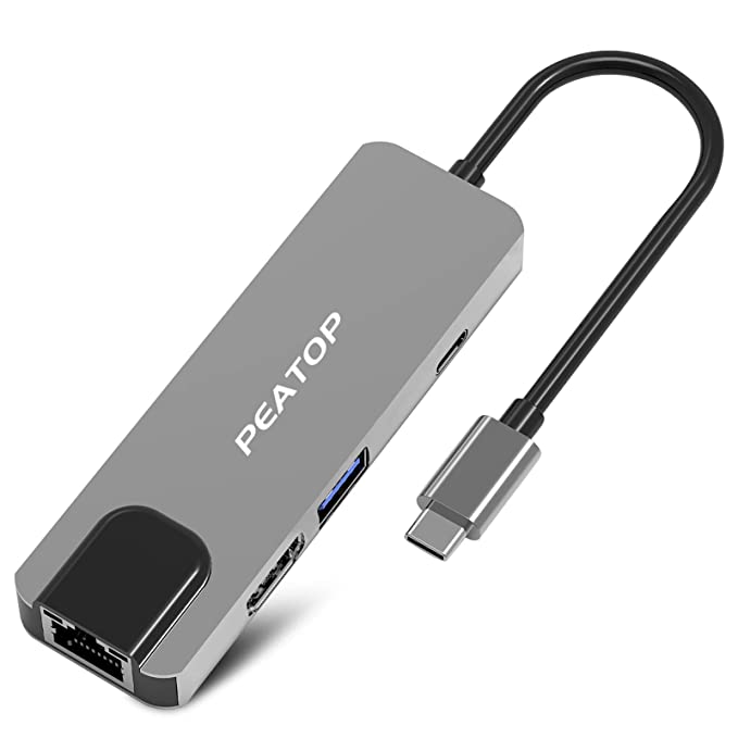 PEATOP® 6 in 1 USB-C Hub/Type-C Hub (1xRJ-45 Port,1xUSB-A 3.0 Port, 1xUSB-C, 1x4K HDMI, 1xSD, 1xTF-Card) Compatible with MacBook, Windows, C-Type Smartphones and Other Type-C Supported Devices