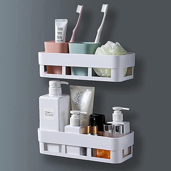 CIVILION Multipurpose ABS Plastic Strong Adhesive Kitchen & Bathroom Wall Shelf // Without Drilling // Holder Storage Rack // Bathroom Rack & Wall Shelves // Shower Rack - Pack of Two (2)