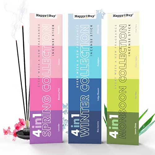 Happy2Buy 12 in 1 Incense Sticks |0,$M$@/Agarbatti | Combo of Monsoon+Spring+Winter Collection | Pack of 3, Total 324gm-180 Sticks | 12 Exotic Natural Fragrance (Pack of 3 = 180 Sticks (324 Gram))