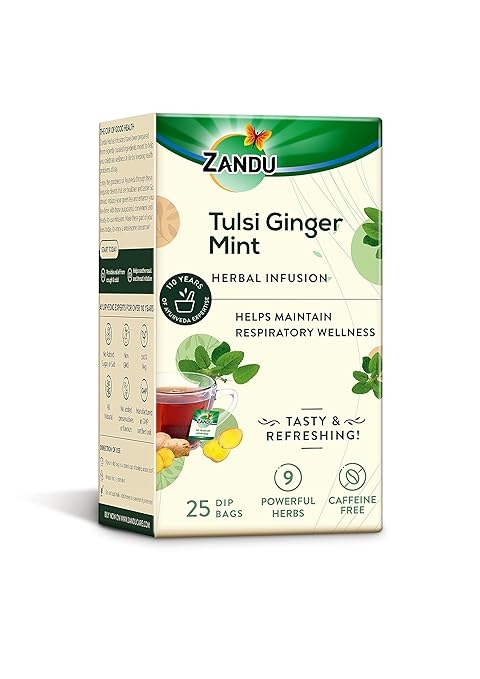 Zandu Tulsi Ginger Mint Herbal Infusion, a Herbal Tea Enriched with Ayurvedic Ingredients (25 Tea Bags)