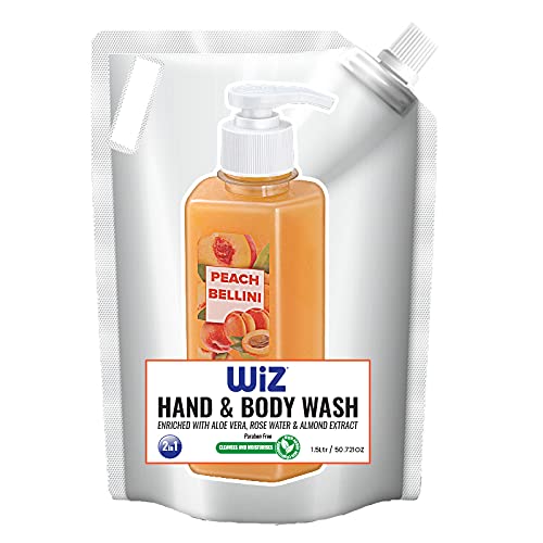 WiZ Hand & Body Wash 2in1 Refill, Aloe Vera & Almond Extract, Peach Bellini 1.5L, Paraben Free, Germ Fighter, Moisturiser