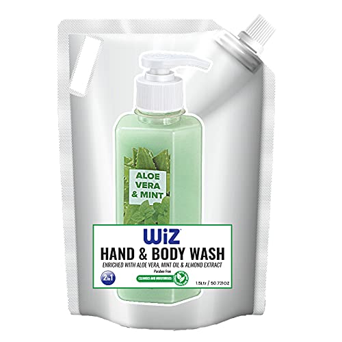 WiZ Hand & Body Wash 2in1 Refill, Aloe Vera & Almond Extract, Mint 1.5L, Paraben Free, Germ Fighter, Moisturiser