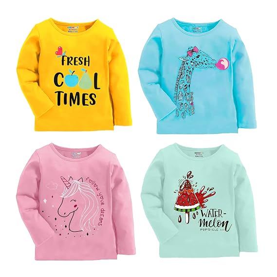 Kuchipoo Girls Regular Fit Full Sleeve Cotton Blend T-Shirt Pack of 4 (KUC-TSHRT-177-12-18 Months, Multi-Colred)