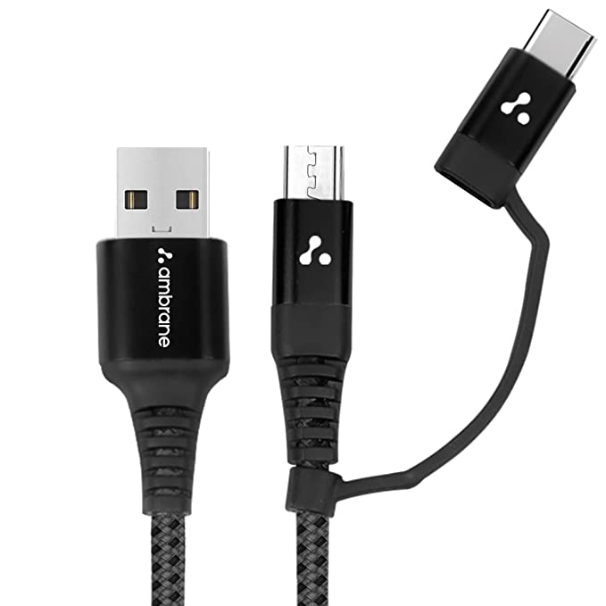Ambrane 2 in 1 Type-C & Micro USB Cable with 3A Fast Charging Mobile Cable, 480 mbps Data Sync, Quick Charge 3.0, 1.5m Braided Cable, Compatible with All Type-C & Micro USB Devices (ABDC-10, Black)