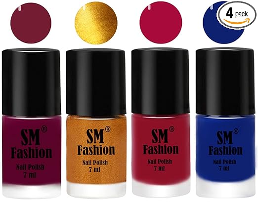 SM FASHION Nail Polish Combo Set (Pack of 4) Quick Dry Gel Finish Nail Paint | Mulberry,Golden,Raspberry,Blue | 7 ml Each
