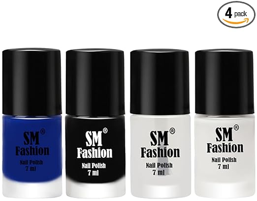 SM FASHION Nail Polish Combo Set (Pack of 4) Quick Dry Gel Finish Nail Paint | Blue,Black,Top Coat,White | 7 ml Each