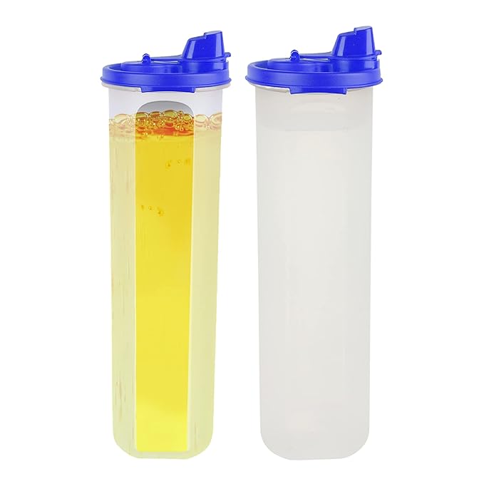 SIMPARTE Air-Tight & Leak Proof Plastic Oil Pourer - Sauces, Olive & Refined Oils, Easy Flow, BPA Free, Refrigerator Safe, Blue (Set of 2, 1100ml)