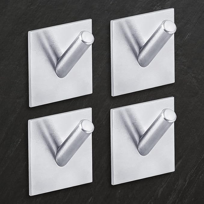 DOCOSS Stainless Steel Strong Self Adhesive Sticker Hooks for Bathroom, Kitchen Wall Holds Up to 3 kg (Pack of 4,Silver-Brush Finish)