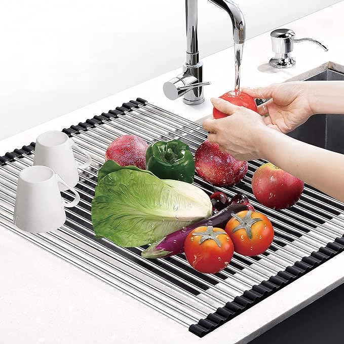 [Apply Coupon] - Elpico Roll Up Foldable Over The Sink Multipurpose Dish Drying Drainer Adjustable Rack For Washing Dishes -Stainless Steel (18 X 17.7 Inch) (45.5 X 45 Cm)