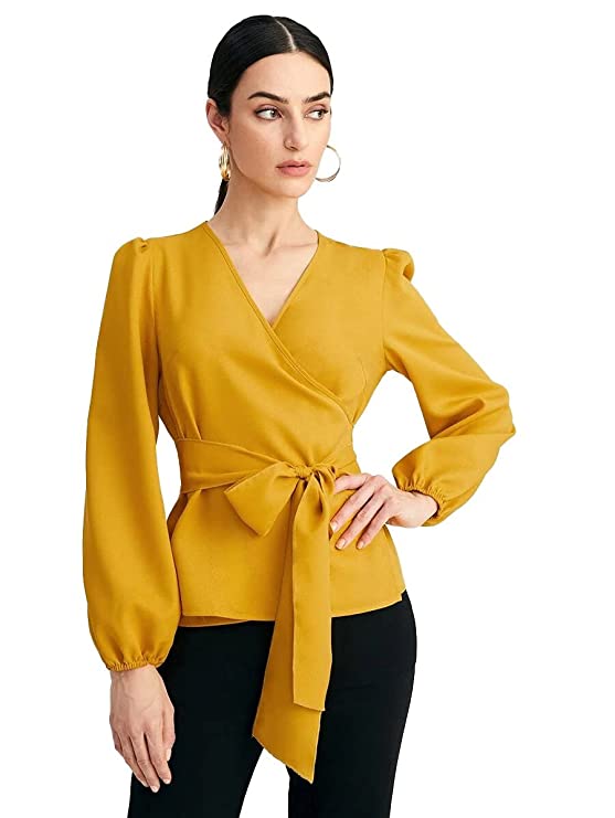 [Size: M] - Istyle Can Surplice Neck Belted Bishop Sleeve Top
