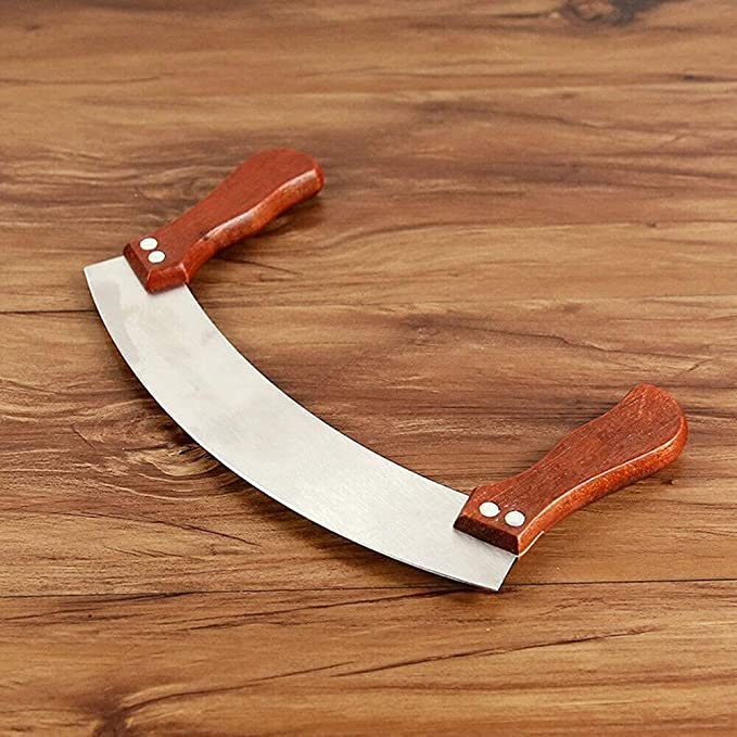FOKRIM Double Handle Pizza Cutter Sharp Blade Multi Purpose Stainless Steel Blade. (Wooden Handle)
