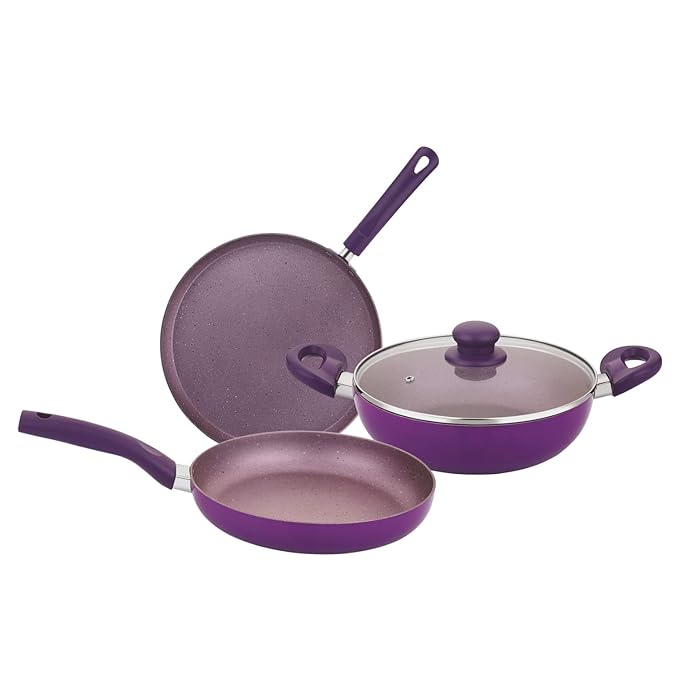 [Apply Coupon] - Bergner Vega Non-Stick 4Pc-Cookware Set (Kadhai with Tempered Glass Lid 2.6 L, Dosa Tawa 28cm, Fry Pan 24cm) Induction Compatible, Bakelite Handles, Free to Safe, Purple