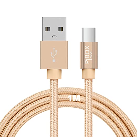 PiBOX India , USB Type C Cable 1 Meter Double Nylon Braided , Aluminium Shell Head Fast Charging Cable 3.3 ft USB A to C Nylon Braided 1 M Long Cable Compatible with All Type C Smartphones (Gold)
