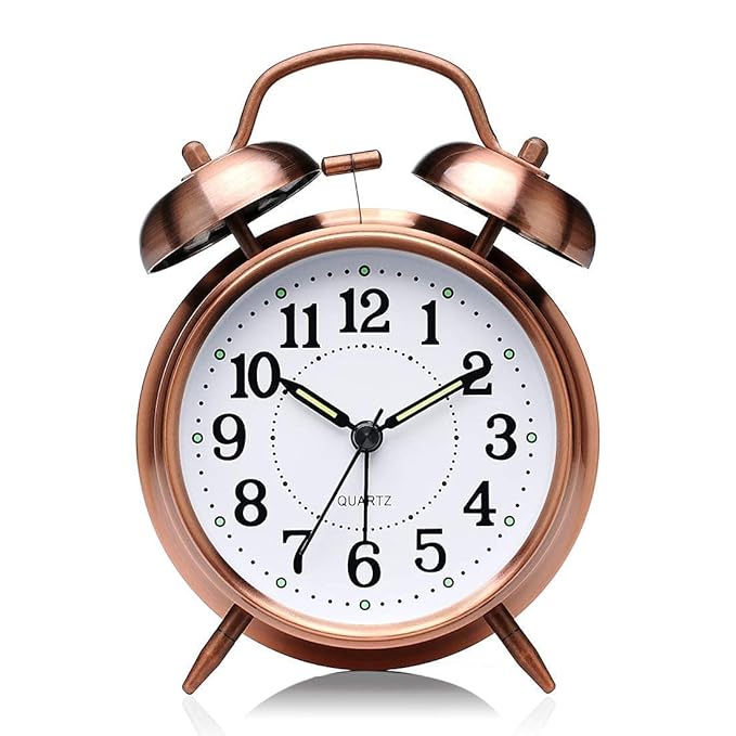 Twin Bell Copper Table Alarm Clock with Night LED Light for Student for Kids Bedroom (Vintage-Rose Gold)