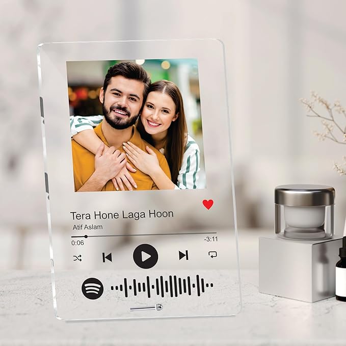 Giftplease Customized Photo and song Spotify Frame With Steel Removable Stand | Personalized Printed Plaque with scannable code | Gift | Birthday | Anniversary (Transparent, 6 * 9 Inches)
