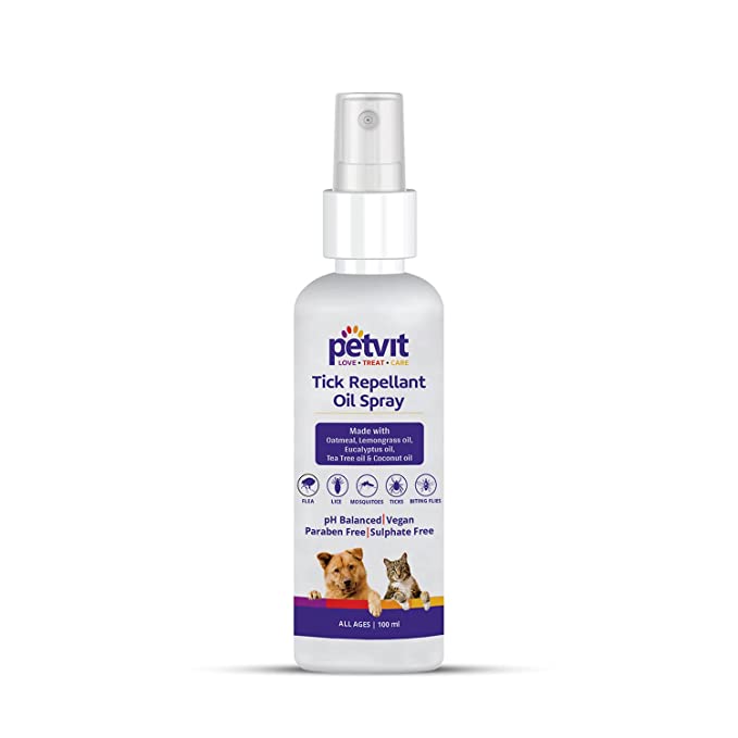 Petvit Tick Repellent Oil Spray with Coconut Oil, Tea Tree Oil, Eucalyptus Oil, Oatmeal & Lemon Grass Oil | for All Breed Dog & Cat  - 100 ml