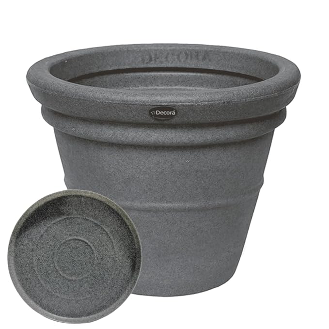 Decora Blossom Pot (Stone Grey)(Small)(with Drainage Hole)(TV 30) || Includes a Matching Bottom Tray || Pots for Plants Polymer || Lightweight || Indoor-Outdoor || Plant Directly ||
