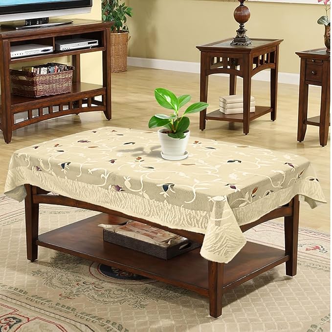 Kuber Industries Leaf Printed Cotton 4 Seater Center Rectangular Table Cover,40"X60" (Cream)-44KM019