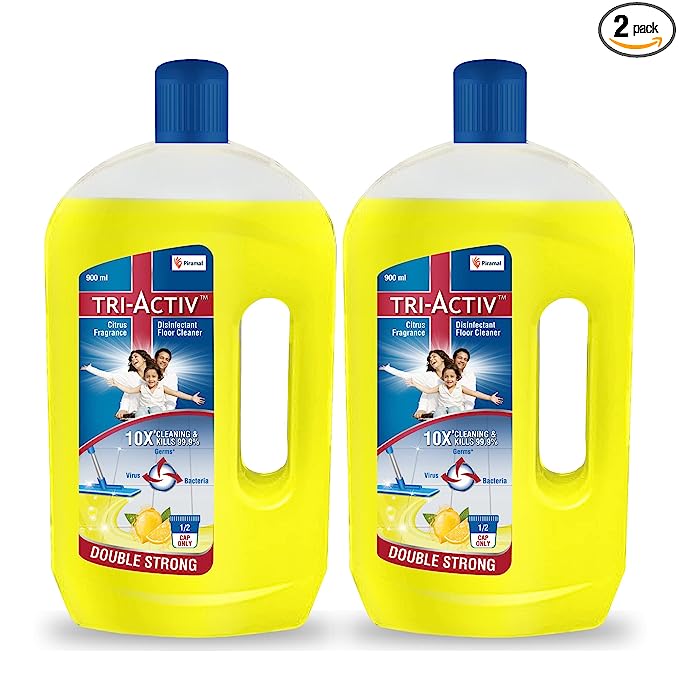 Tri-Activ Double Strong Disinfectant Floor Cleaner | Half Cap Only | 10X Cleaning with 99.9% Germ kill | Citrus Fragrance - Pack of 2 (1000ml x 2 Units)