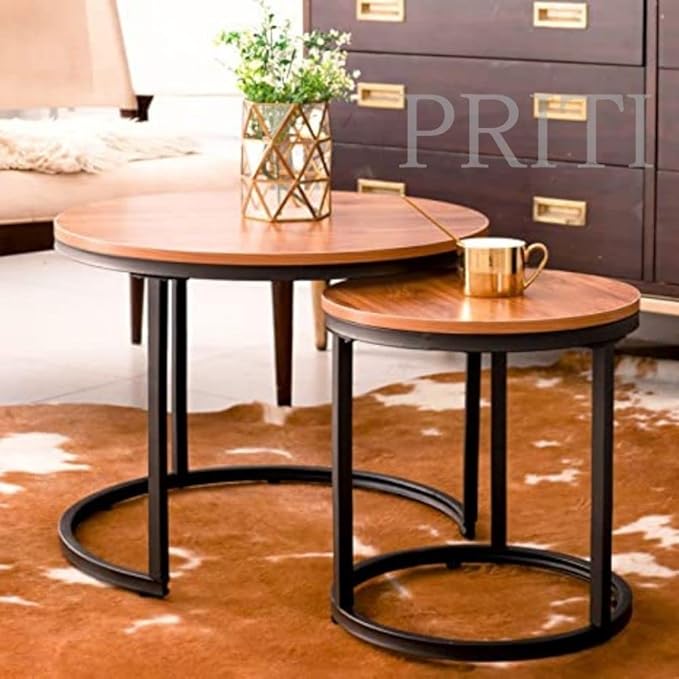 Priti Coffee Table Set Nesting Side Tables with Chipboard Tops and Sturdy Metal Frame