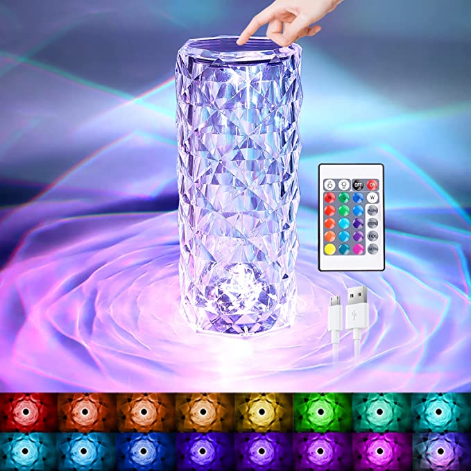 Crystal lamp, Crystal Table Lamp, Crystal Rose Lamp, Touch Control or Remote Control 16 Color Options Rechargeable, Elegant Living Decorations