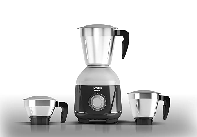 Havells MIXWELL 500 W 3 Jar Mixer Grinder, 304 SS Blades I High Speed 21000 RPM Motor, Heavy and Wider mouth SS Jars, All Jars with Handle (Black and Grey)