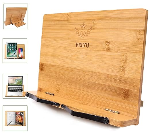 Toyshine Velyu PU Coated Foldable Bamboo Book Reading Stand Cookbook Stand Tablet Mobile Holder, 11" x 8.75" Portable Recipe Holder, Reading Frame Rest Holder Adjustable Desk Bookrest, Textbook Book
