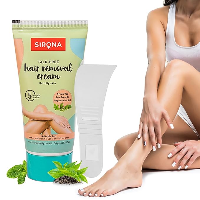 Sirona Hair Removal Cream, Bikini Hair Removal Cream for Women, Hair Removal Cream for Women, for Bikini Line, Underarm, Legs, Dermatologically Tested, for Oily Skin - 50 gm (Pack of 1)