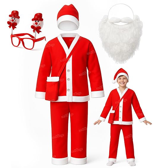 Zest 4 Toyz Santa Claus Dress for Kids Christmas Dress With Jacket, Pant, Cap, Goggles, Beard and Pouch Santa Dress for Boys and Girls - Red