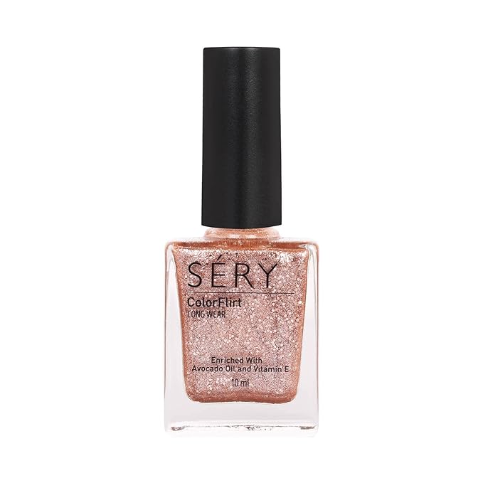 Sery Color Flirt Nail Paint Glitter, High Glossy Shine, Chip-Resistant, 6 Days Long Lasting, Enriched With Avocado Oil And Vitamin E, Party Rose Gold, Shimmery Finish, Copper Glitter, 10Ml