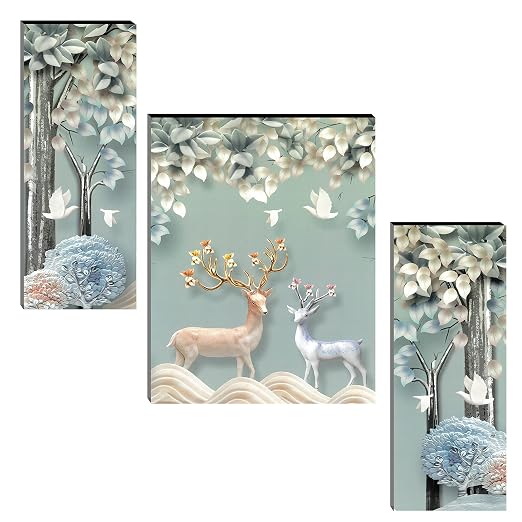 Indianara Set of 3 Deers Art MDF Art Painting (4064FL) without glass 4.5 X 12, 9 X 12, 4.5 X 12 INCH (Style 1)